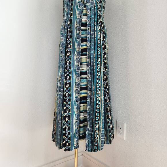 Vintage 90s Abstract Blue Green Sleeveless Midi Dress Criss Cross Neckline 12 - Picture 4 of 14